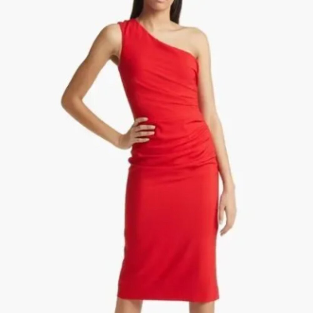 Dress the Population One-Shoulder Red Dress Martine Stretch Crepe 